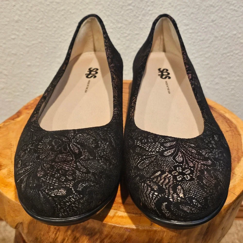 SAS Scenic Black Floral Lace Metallic Ballet Flats Shoes Womens 11 M Made in USA